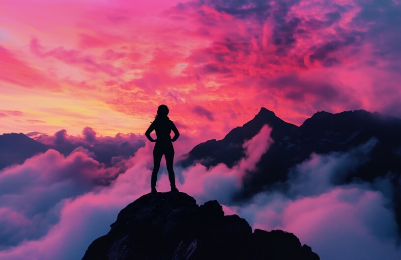 woman standing confidently on a mountain peak, gazing at a purple sky that colors the clouds beneath her feet in shades of violet