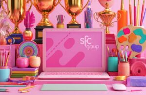 A vibrant pink-themed desk is filled with various art supplies and golden trophies. A pink laptop in the center of the desk displays the SFC Group logo on its screen.