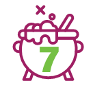 A magenta outline icon of a bubbling cauldron with a spoon, containing a large green number '7'