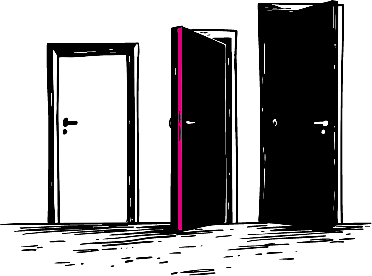 Three white doors on black background: closed door on left, slightly open door with pink edge in center, fully open door on right.