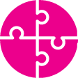 White four-piece puzzle icon on pink circle.