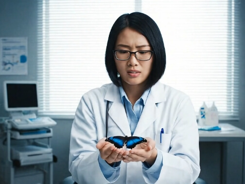 An woman wearing glasses and a white lab coat over a light blue shirt sits in a medical or laboratory office, carefully holding a vibrant blue butterfly in her cupped hands. She looks down at it with a focused or surprised expression. The background includes a window with blinds, a computer monitor on a desk, medical equipment, bottles, and papers, under soft natural light.