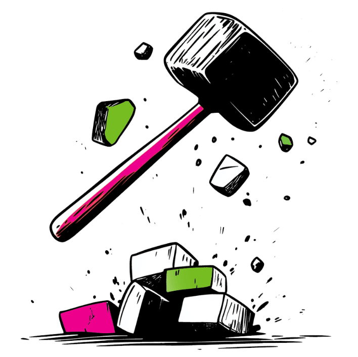 A hand-drawn illustration of a large mallet smashing a pile of blocks, with green and pink fragments flying into the air.