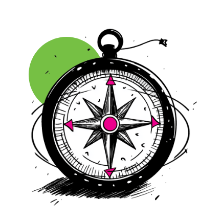 Black and white pen-and-ink illustration of a compass with a pink center and pink direction arrows, set against a green circle background