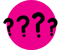 Four black hand-drawn question marks over a pink circle