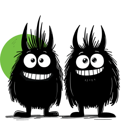 Two smiling black furry cartoon monsters with big round eyes and spiky hair standing side by side in front of a green circle